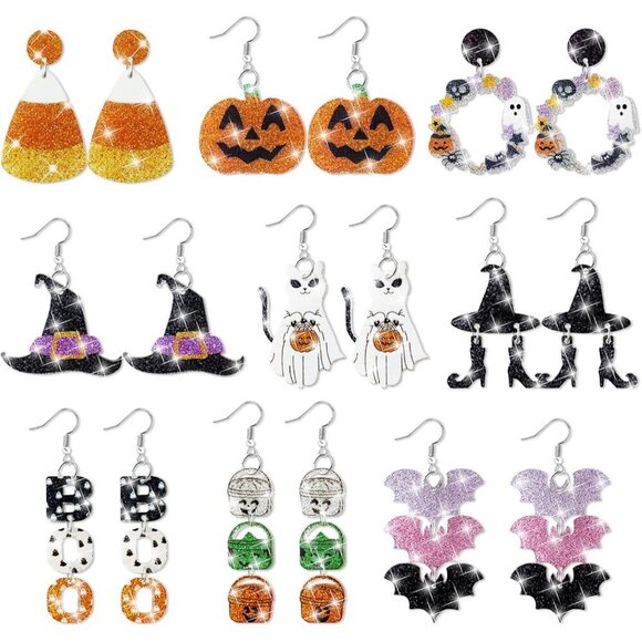 Jewelry - Halloween Glitter Acrylic Earrings Set 9 Pairs Festive Drop Dangle Jewelry